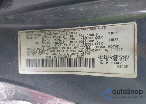 2004 Toyota Tacoma Prerunner V6 z USA, uszkodzony, nr VIN 5TESN92N74Z308666